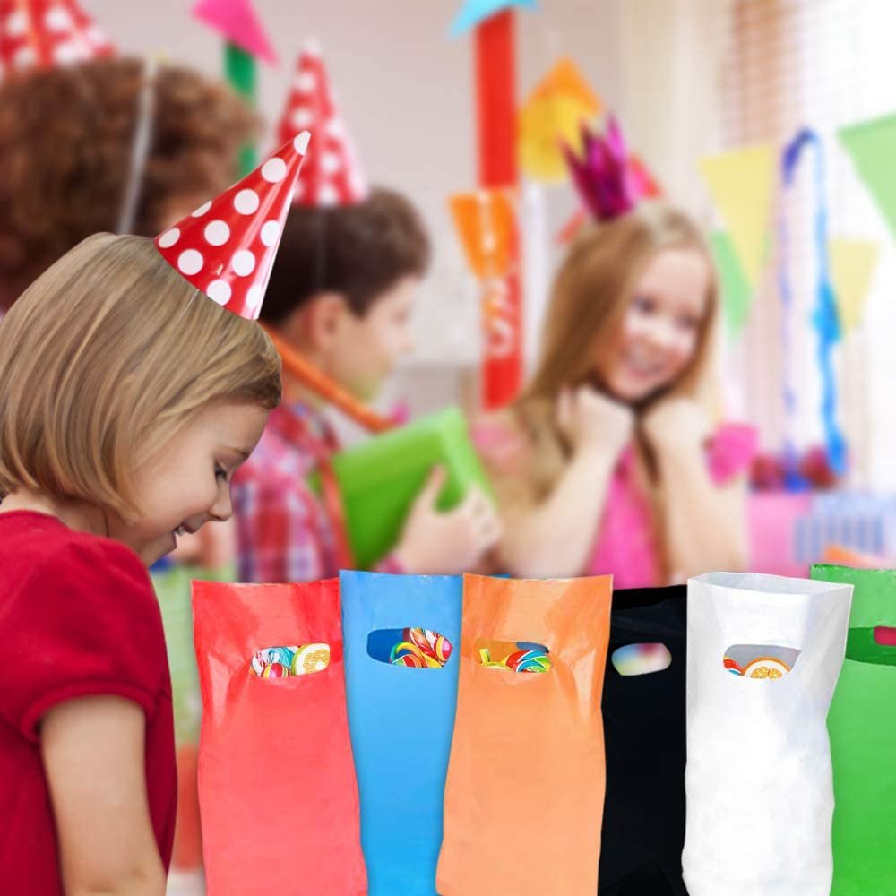 Colorful Gift Bags, Set of 50, Durable Plastic Goodie Bags in 8 Vibrant Colors, Party Favor Baggies for Candy, Treats, and Gifts, Essential Birthday Party Supplies, 15 x 8.75"es