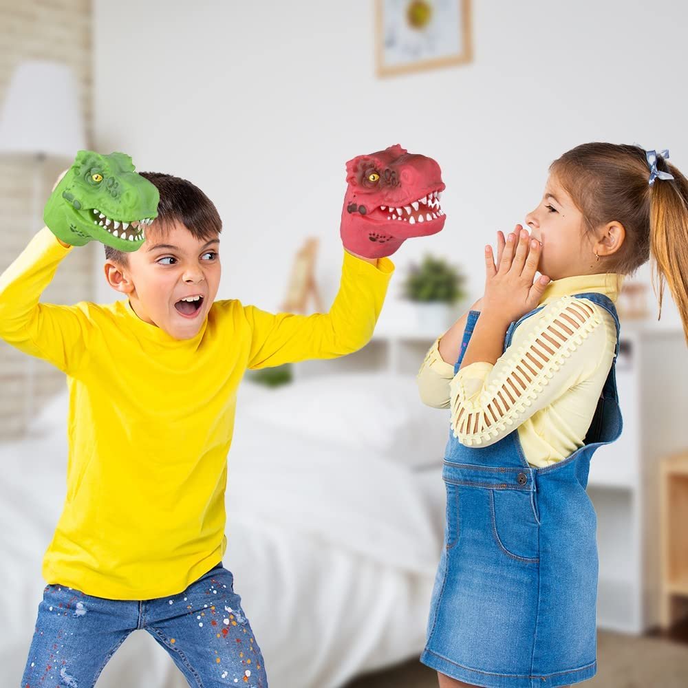 ArtCreativity Rubber Dinosaur Hand Puppets for Kids, Set of 3, T-Rex Dinosaur Head Puppets in Assorted Colors, Interactive Dinosaur Toys for Boys and Girls, Dinosaur Party Favors