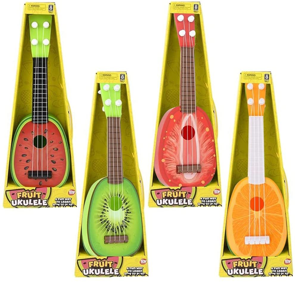 ArtCreativity Fruit Ukuleles for Kids, Set of 2, Fruit Mini Plastic Guitars in Colorful Fruity Designs, Music Instrument Ukuleles for Kids, Decorations for Summer and Luau Parties