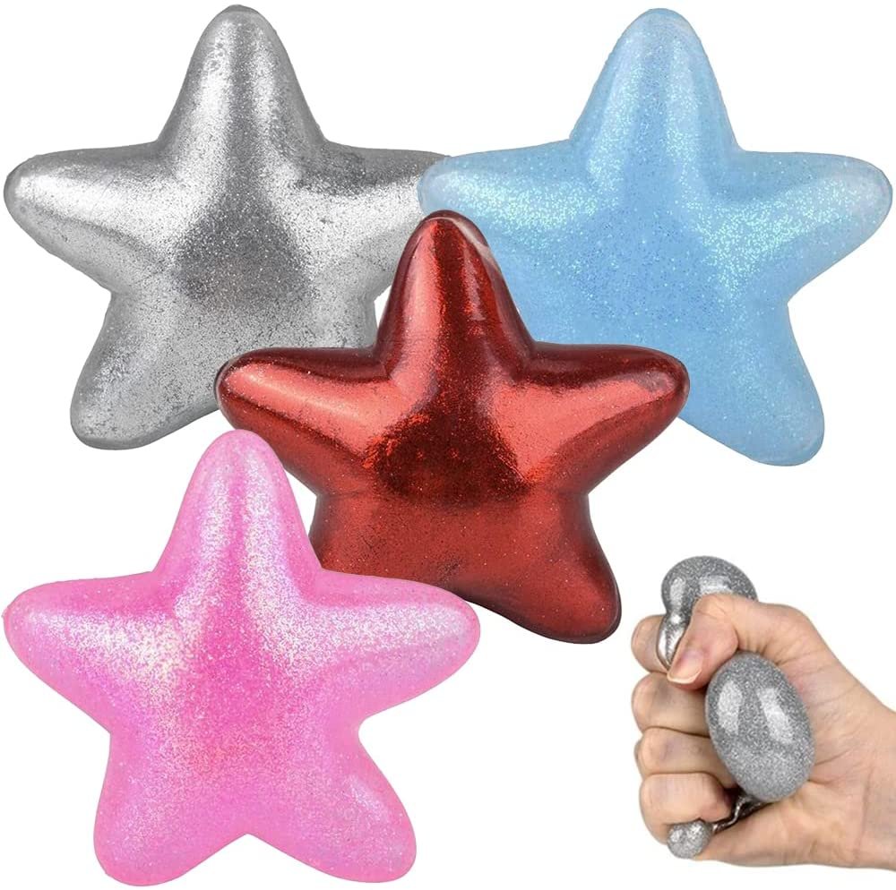 ArtCreativity Squeezy Sticky Glitter Stars, Set of 4, Stress Relief Fidget Toys for Kids, Anxiety Relief Toys in Assorted Vibrant Colors, Fidget Party Favors, Pinata Stuffers, and Goodie Bag Fillers