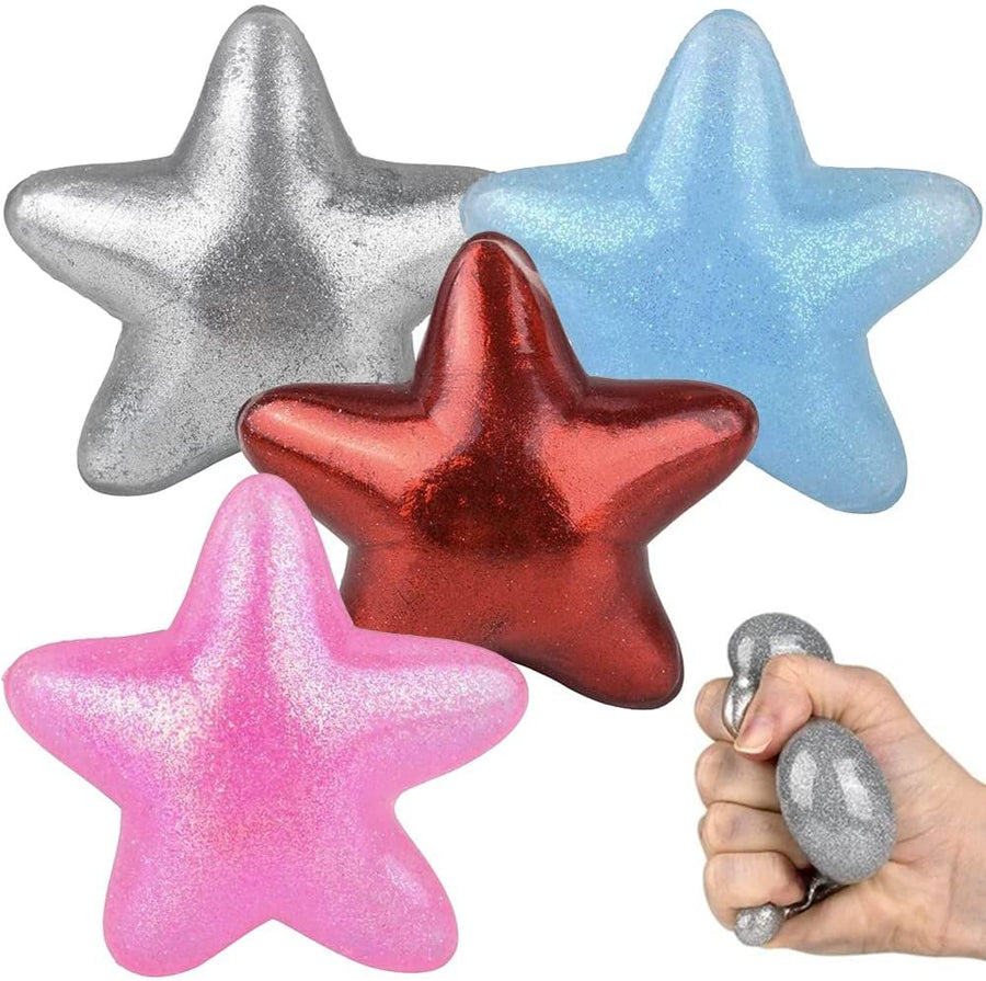 Squeezy Sticky Glitter Stars, Set of 4, Stress Relief Fidget Toys for Kids, Anxiety Relief Toys in Assorted Vibrant Colors, Fidget Party Favors, Pinata Stuffers, and Goodie Bag Fillers