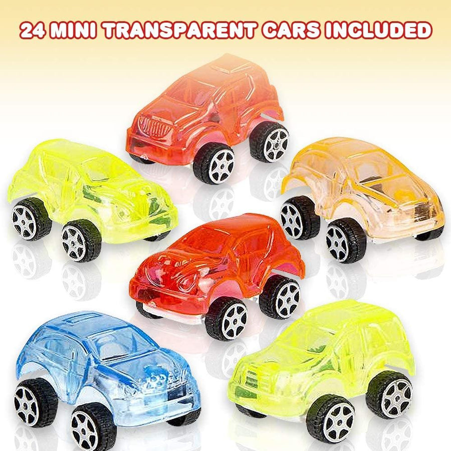 Mini Transparent Action Cars for Kids, Set of 24, Miniature Racers in Assorted Colors, Birthday Party Favors, Goodie Bag Fillers, Small Carnival and Contest Prize for Boys and Girls