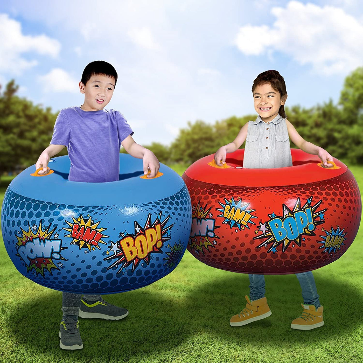Inflatable Body Bumper Set for Kids - Pack of 2 - Colorful Bump Ball Toys with Handles - Great Summer Game, Fun Birthday Party Activity, Gift Idea for Boys and Girls - Red and Blue