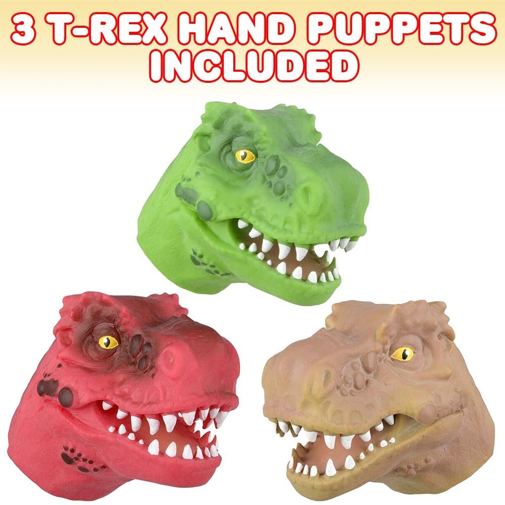 ArtCreativity Rubber Dinosaur Hand Puppets for Kids, Set of 3, T-Rex Dinosaur Head Puppets in Assorted Colors, Interactive Dinosaur Toys for Boys and Girls, Dinosaur Party Favors
