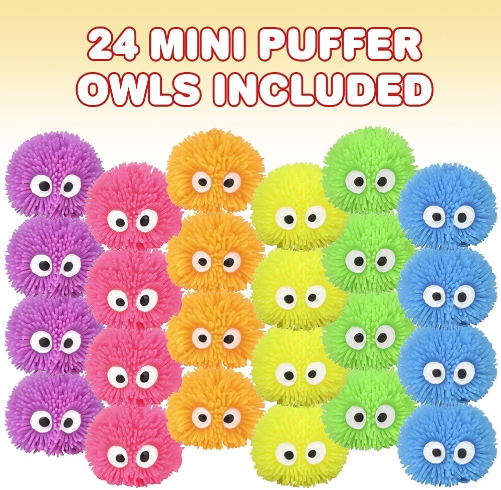 ArtCreativity Mini Puffer Owls, Set of 24, Owl Surprise Toys for Filling Easter Eggs, Easter Party Favors, Egg Hunt Supplies, Stress Relief Toys for Kids, Assorted Neon Colors