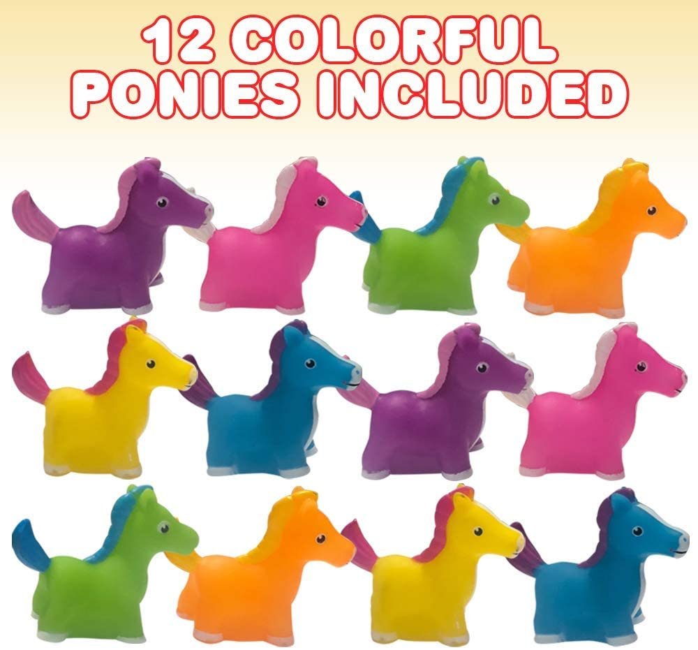 Colorful Rubber Ponies, Set of 12, Cute Bath Tub and Pool Toys in Assorted Colors, Fun Decorations, Carnival Supplies, Party Favors, Goodie Bag Fillers, Small Prizes