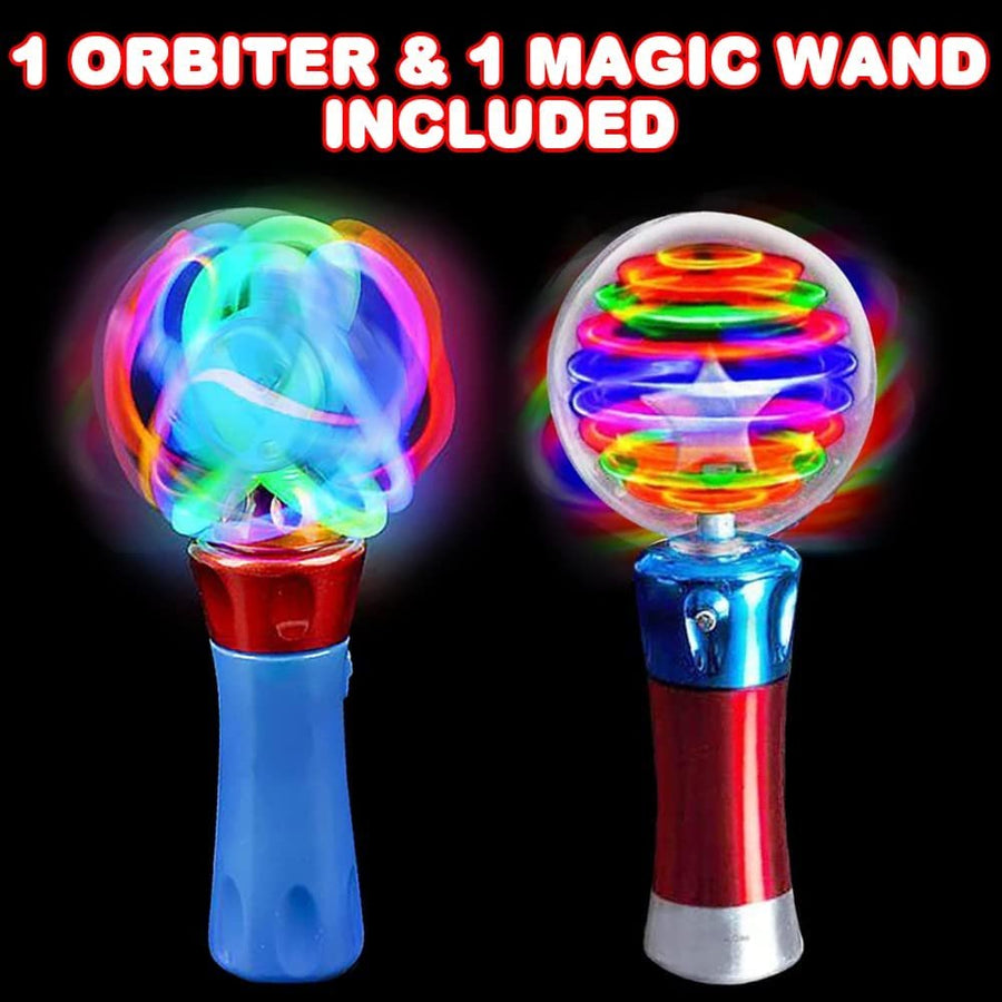 LED Wands for Kids, Set of 2, Includes 1 Light Up Orbiter Spinning Wand and 1 Light Up Magic Ball Wand, Flashing LED Wands for Boys and Girls with Thrilling Colors, Batteries Included
