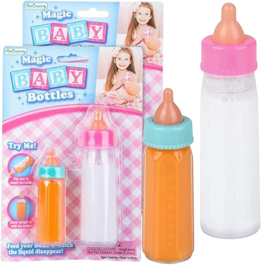 Magic Baby Bottles, Set of 4, Includes 2 Juice and 2 Milk Baby Doll Bottles with Disappearing Liquid, Baby Doll Accessories for Girls, Pretend Play Toys for Hours of Imaginative Play