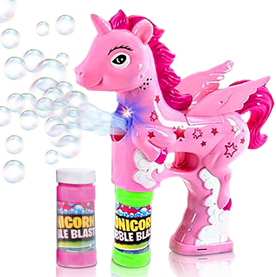 Unicorn Bubble Blaster with Light and Sound | Includes 1 Bubble Gun & 2 Bottles of Bubble Solution & Batteries Installed, for Girls and Boys (Colors May Vary)