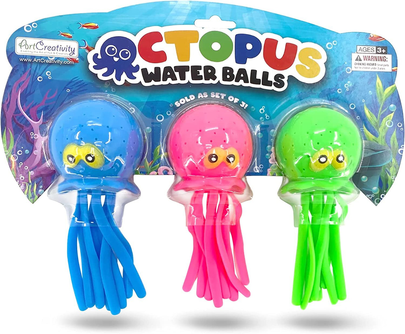 ArtCreativity Octopus Water Balls Rubber Kids Bath Pool Toys, Set of 3, Pink