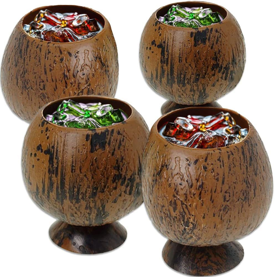 Plastic Coconut Drinking Cups, Set of 4, Coconut Party Cups with an Authentic Look, Tropical and Luau Party Decorations, Hawaiian Party Supplies, Photo Booth Props and Party Favors