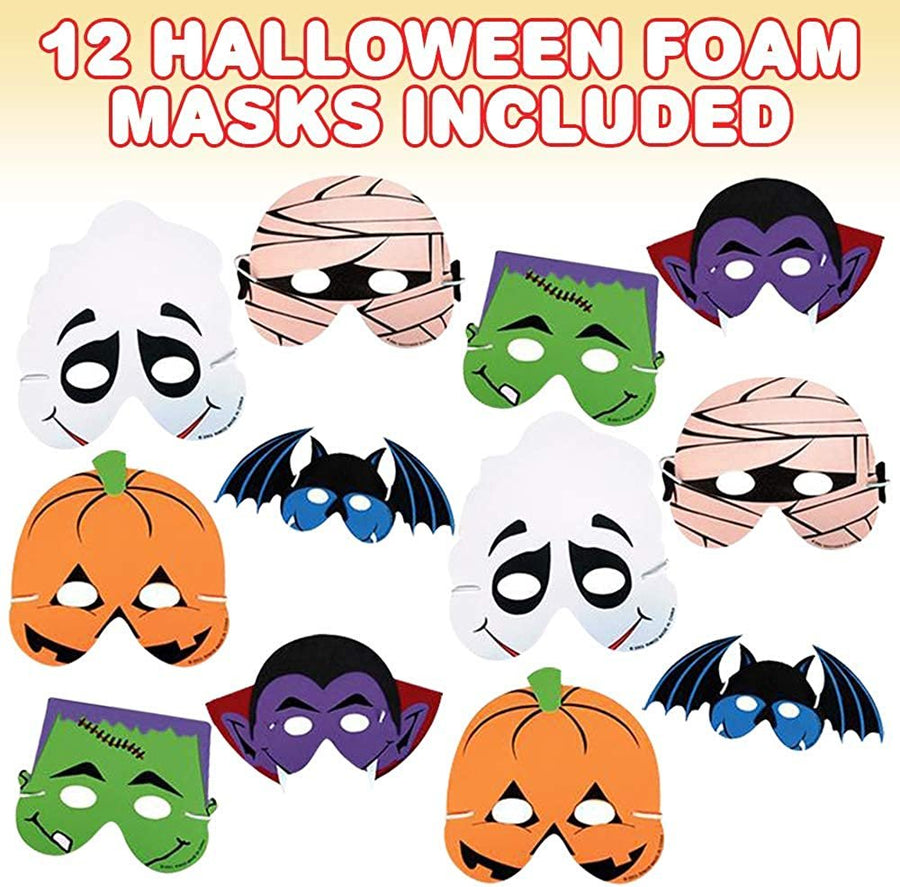 Halloween Foam Face Masks for Kids, Set of 12, Fun Halloween Costume Accessories, 6 Colorful Designs, Photo Booth Props and Halloween Party Favors, Non-Candy Trick or Treat Supplies