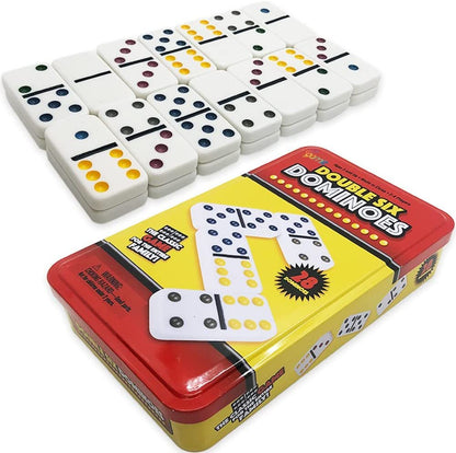Gamie Double Six Dominos Set, Includes 28 Pieces in a Tin Box, Plastic Dominoes Set for Adults and Kids, Great for Family Game Night, Learning Math, and Hours of Indoor Fun