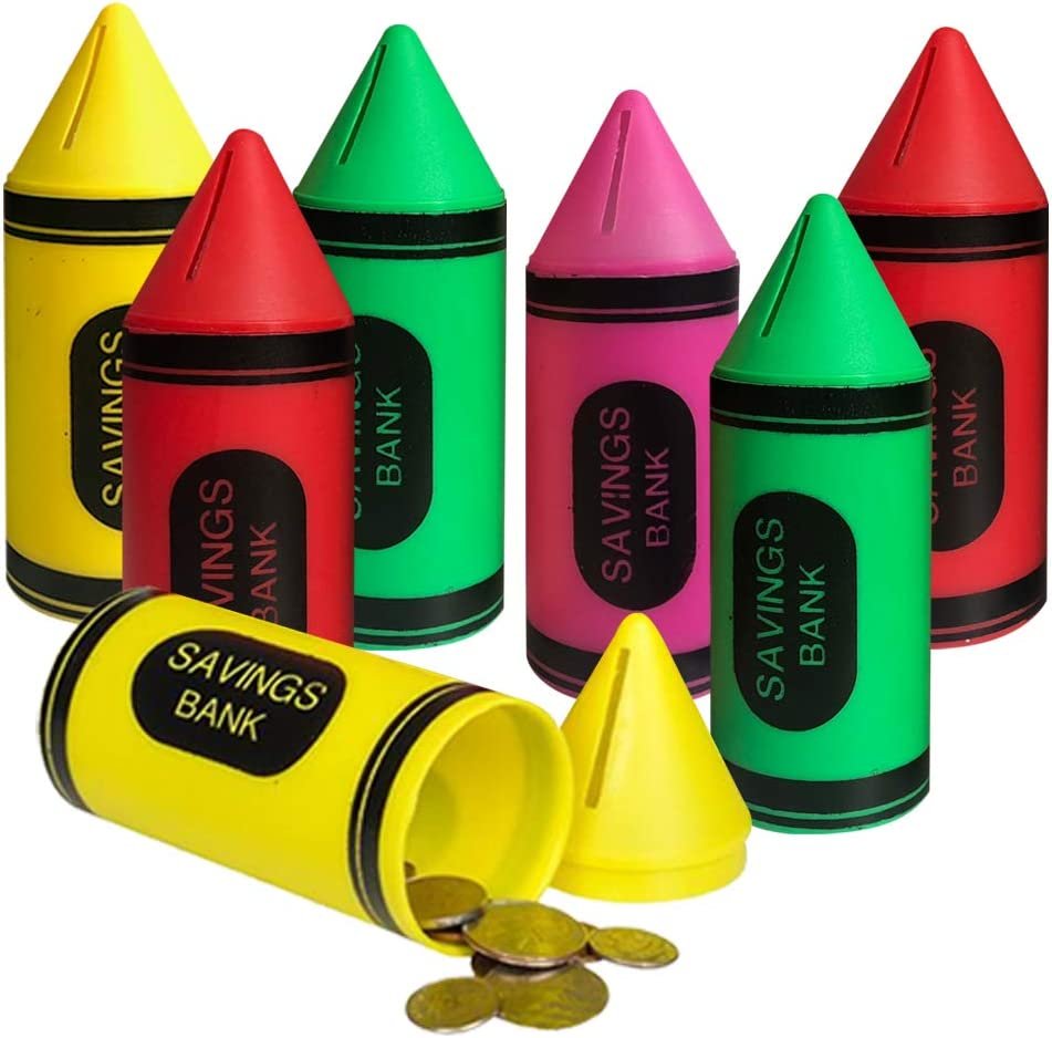 Crayon Coin Bank for Kids, Set of 12, Fun Money Saving Piggy Banks for Loose Change, 4 Vibrant Colors, Crayon Birthday Party Favors, Best Goodie Bag Fillers for Boys and Girls, 6"
