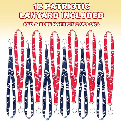ArtCreativity Patriotic Keychain Lanyards, Set of 12, 4th of July Party Favors, Red and Blue Lanyards with Key Ring and Metal Clip, Fun Accessories and Gifts for Patriotic Holidays and Events