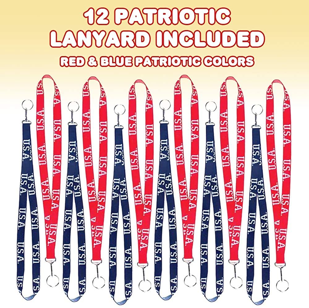 Patriotic Keychain Lanyards, Set of 12, 4th of July Party Favors, Red and Blue Lanyards with Key Ring and Metal Clip, Fun Accessories and Gifts for Patriotic Holidays and Events