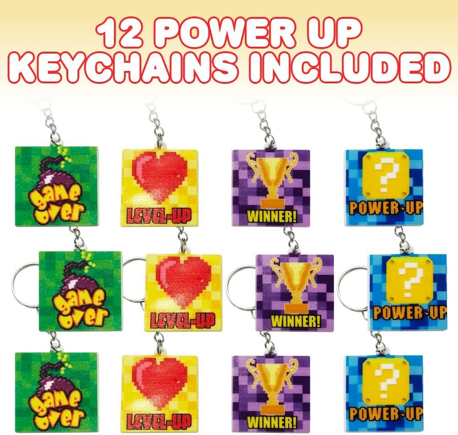 Power Up Keychains, Set of 12, Game Themed Keychains for Kids in Assorted Designs, Video Game Party Supplies and Game Gifts, Superhero and Video Game Party Favors for Boys and Girls