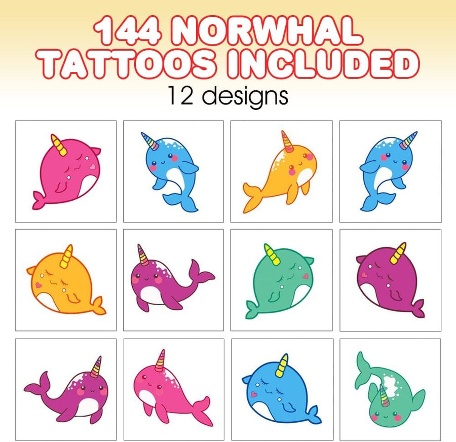 Narwhal Temporary Tattoos for Kids - Bulk Pack of 144 in Assorted Colors, Non-Toxic 2" Narwhal Tats, Birthday Party Favors, Goodie Bag Fillers, Non-Candy Halloween Treats