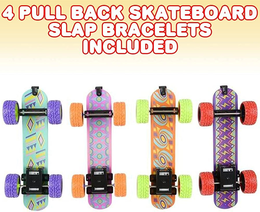 Pull Back Skateboard Slap Bracelets, Set of 4, Skateboard Bracelets for Kids with Pullback Motion, Wristbands for Children in 4 Different Designs, Sports and Skate Board Party Favors