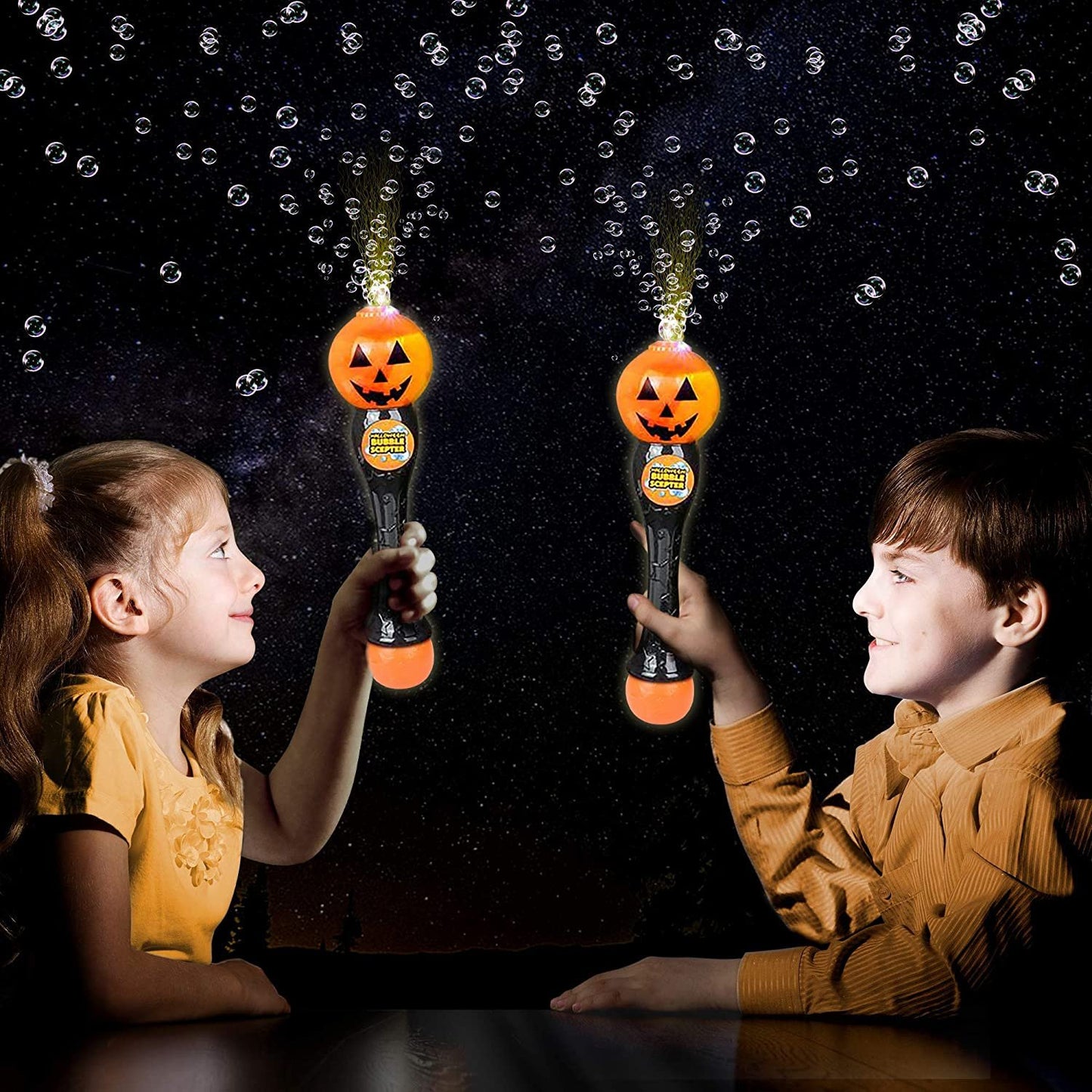 ArtCreativity Light Up Pumpkin Bubble Blower Wand - 13.5 Inch Illuminating Bubble Blower Wand with Thrilling LED Effect for Kids, Bubble Fluid - Batteries Included - Gift Idea, Halloween Party Favor
