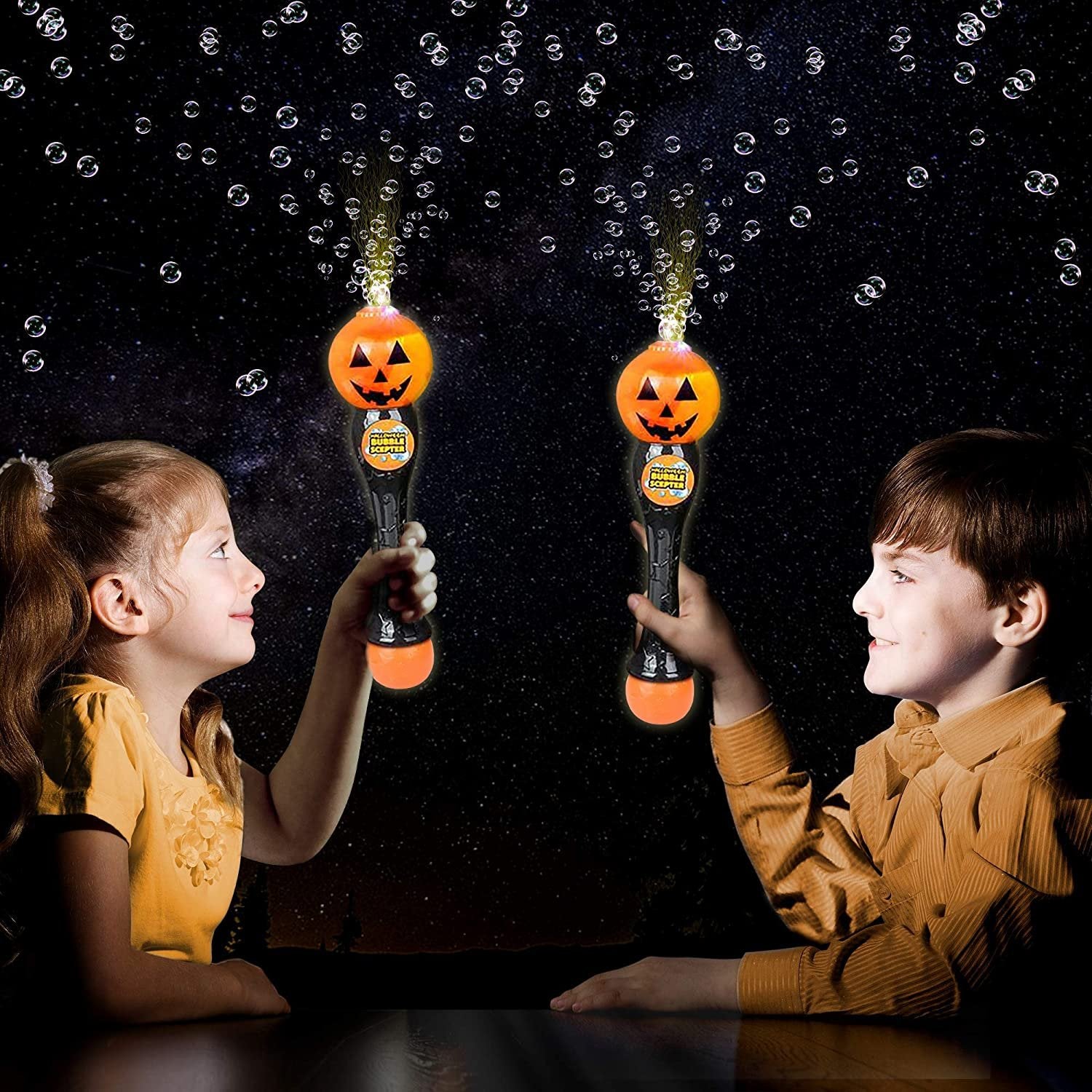 Light Up Pumpkin Bubble Blower Wand - 13.5" Illuminating Bubble Blower Wand with Thrilling LED Effect for Kids, Bubble Fluid - Batteries Included - Gift Idea, Halloween Party Favor