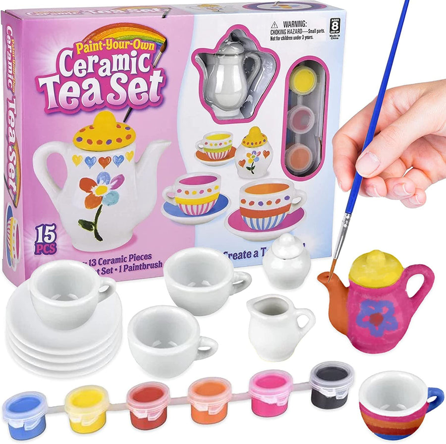 Paint Your Own Play Tea Set for Kids, Ceramic Craft Tea Set for Little Girls, Kids’ Arts & Crafts Painting Kit with 13 Paintable Ceramic Dishes, 6 Paint Colors, & Paintbrush