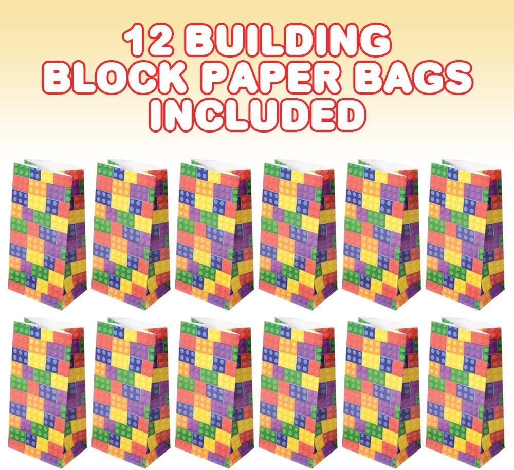 Building Block Paper Party Favor Bags, Pack of 12, Fun Themed Goodie Gift Bags, Durable Treat Bags, Construction Party Supplies and Favors for Birthday, Baby Shower, Holiday Goodies