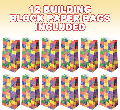 ArtCreativity Building Block Paper Party Favor Bags, Pack of 12, Fun Themed Goodie Gift Bags, Durable Treat Bags, Construction Party Supplies and Favors for Birthday, Baby Shower, Holiday Goodies