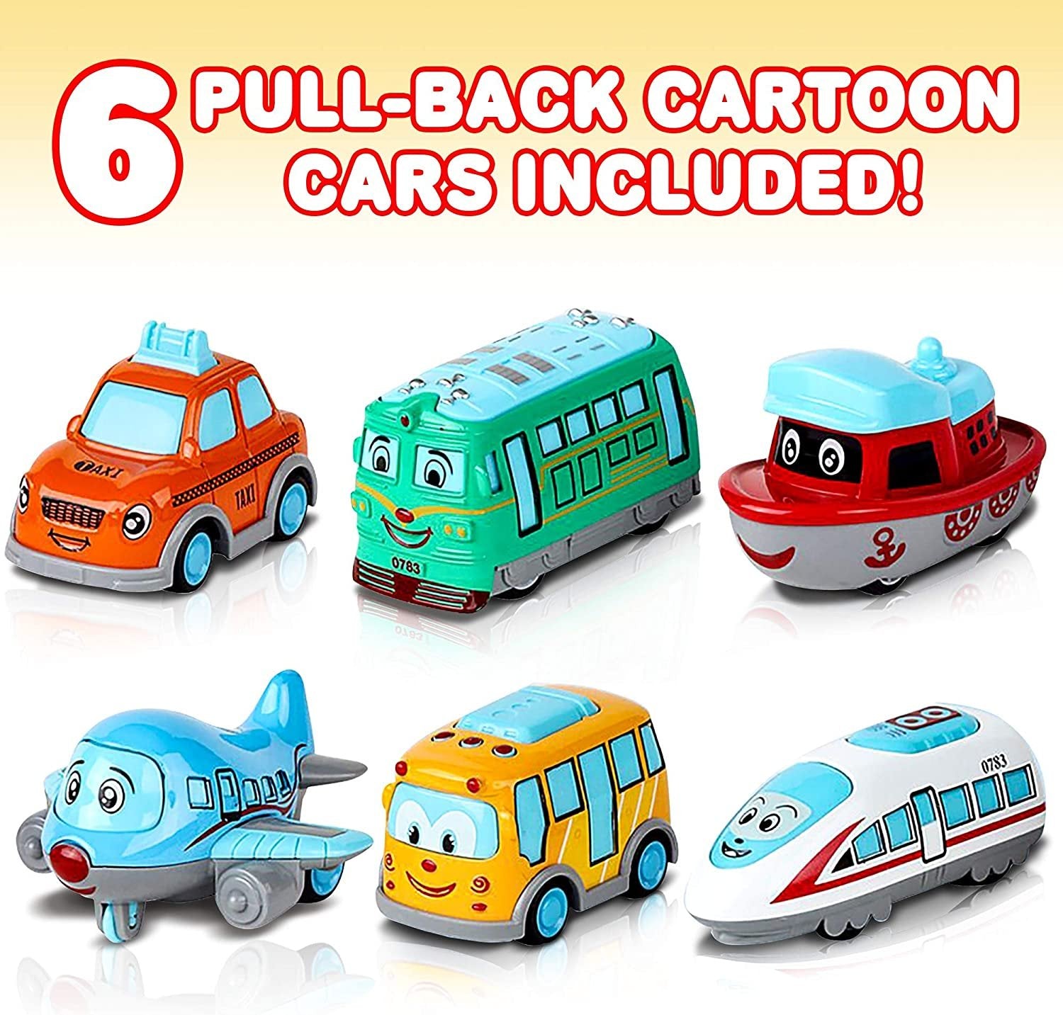 Metal Cartoon Car Set - Set of 6 Mini Pullback Toy Cars - Pullback Train, Bus, Taxi, Tram, Plane and Ship - Party Favors, Best Birthday Gift for Boys, Girls, Toddlers