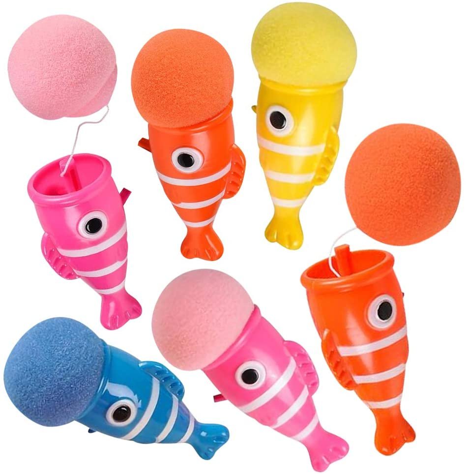 Clownfish Launchers, Pack of 12, 6" Foam Ball Launchers in Assorted Colors, Squeeze & Pop Game, Birthday Party Favors for Kids, Goodie Bag Fillers, Carnival Prize