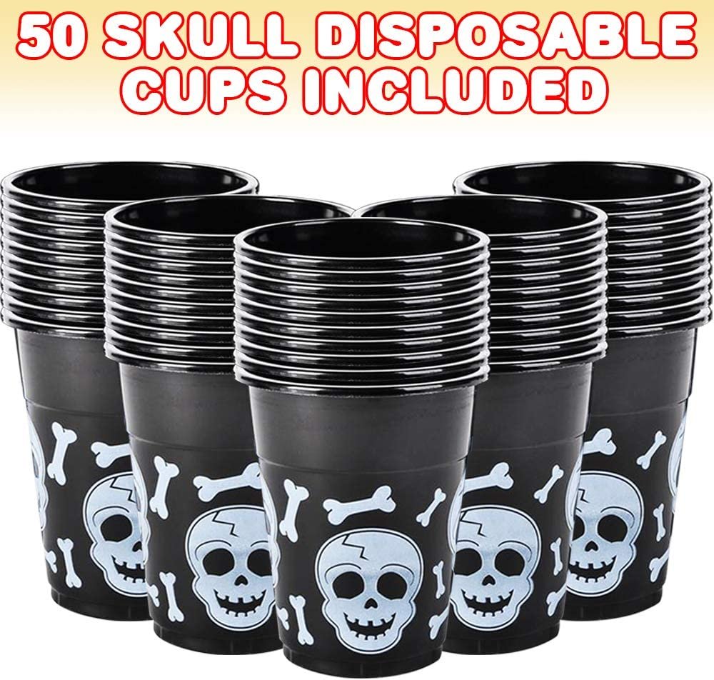 16oz Skull Disposable Party Cups, Set of 50, Plastic Party Cups for Halloween or Pirate Events, Spooky Skull and Bones Design, Fun Pirate Party Supplies, Black and White