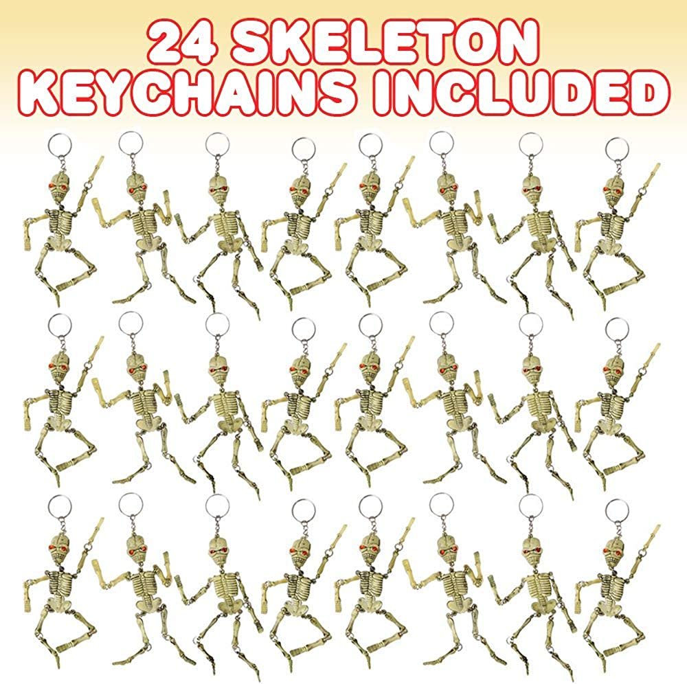 ArtCreativity Skeleton Keychains with Moveable Parts, Set of 24, Cool Halloween Party Favors for Kids, Non-Candy Trick or Treat Supplies, Fun Goodie Bag Fillers and Gifts for Pirate-Themed Parties