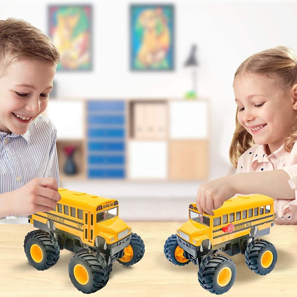 5" Pullback School Bus Toy Set - Set of 2 - Includes 2 Yellow School Buses with Monster Wheels - Diecast Bus Playset with Pullback Mechanisms - Great Gift Idea for Boys and Girls