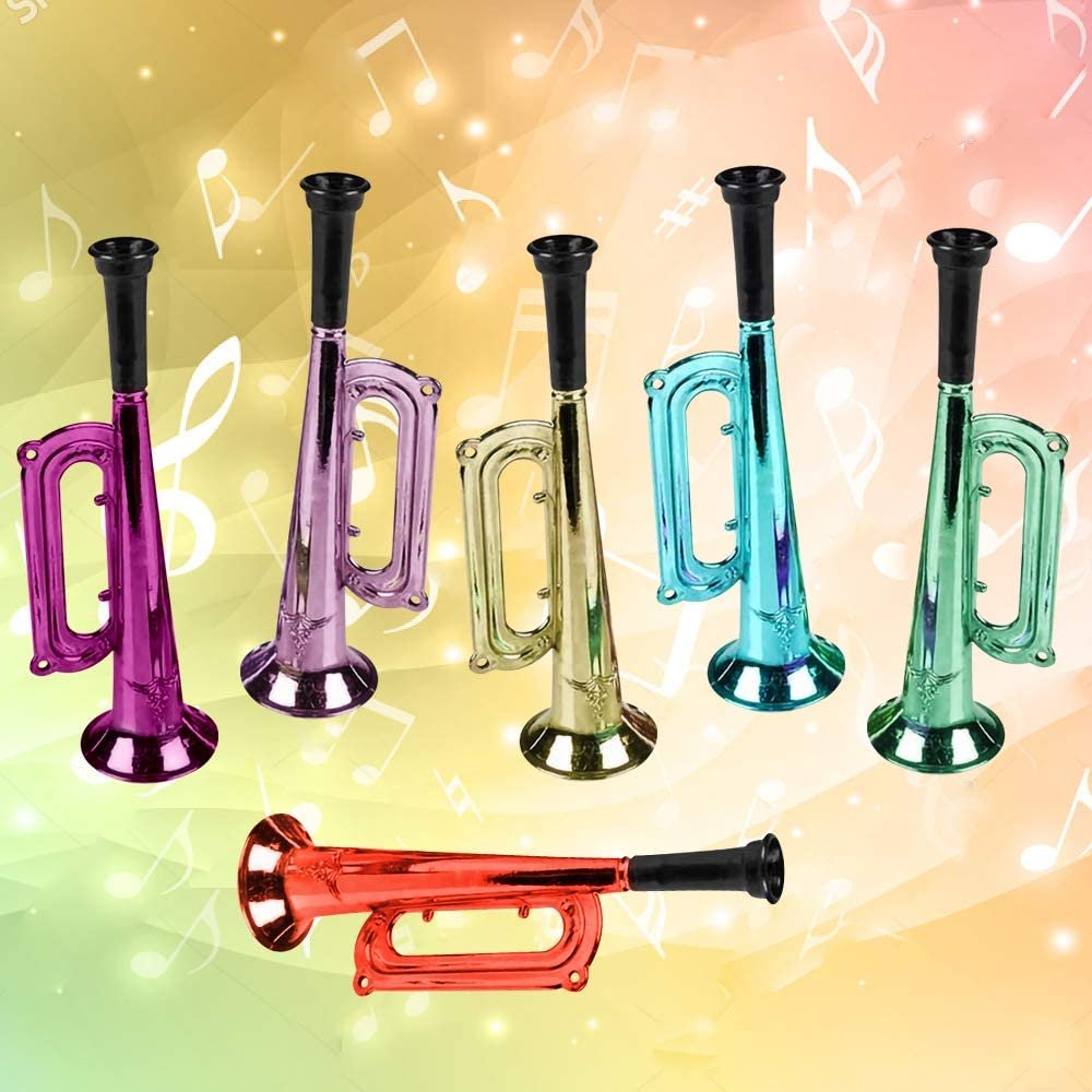 7" Metallic Trumpets, Set of 12, Fun Plastic Musical Instruments Noise Makers for Parties and Events, Music Toys for Kids, Cool Birthday Party Favors for Boys and Girls