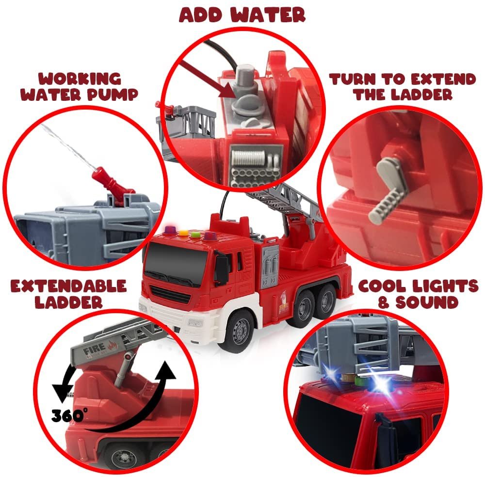 ArtCreativity Light Up Ladder Fire Truck, Red Firetruck Toys for