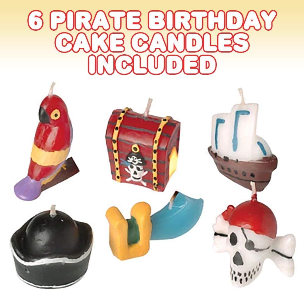 Pirate Birthday Cake Candles, Set of 6, Assorted Pirate Cake Toppers with Treasure Chest, Sword, Skull, Hat, Ship, and Parrot Candle, Cool Pirate Party Supplies and Decorations