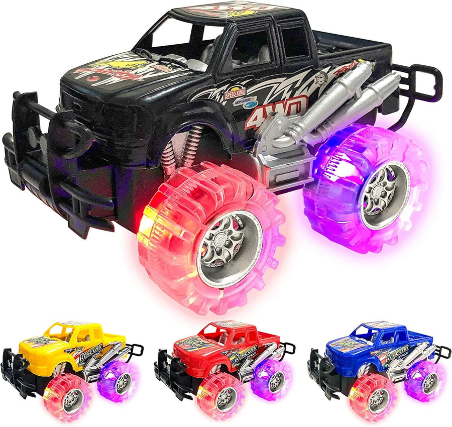 4 Light Up Monster Trucks - 6" Push-n-go Monster Trucks with Flashing LED Tires - Set of 4