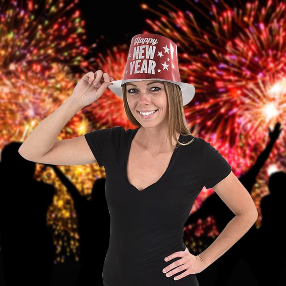 ArtCreativity Happy New Year Top Hats, Set of 4, New Years Eve Hats with Silver Glitter Lettering, New Years Eve Party Supplies, Photo Booth Props, and Party Favors, Assorted Colors