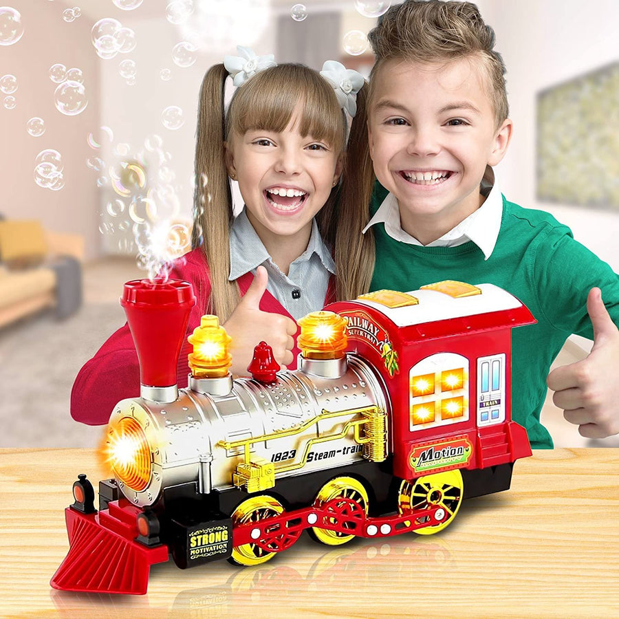 Bubble Blowing Toy Train with Lights & Sounds - Bump & Go Steam Locomotive for Kids