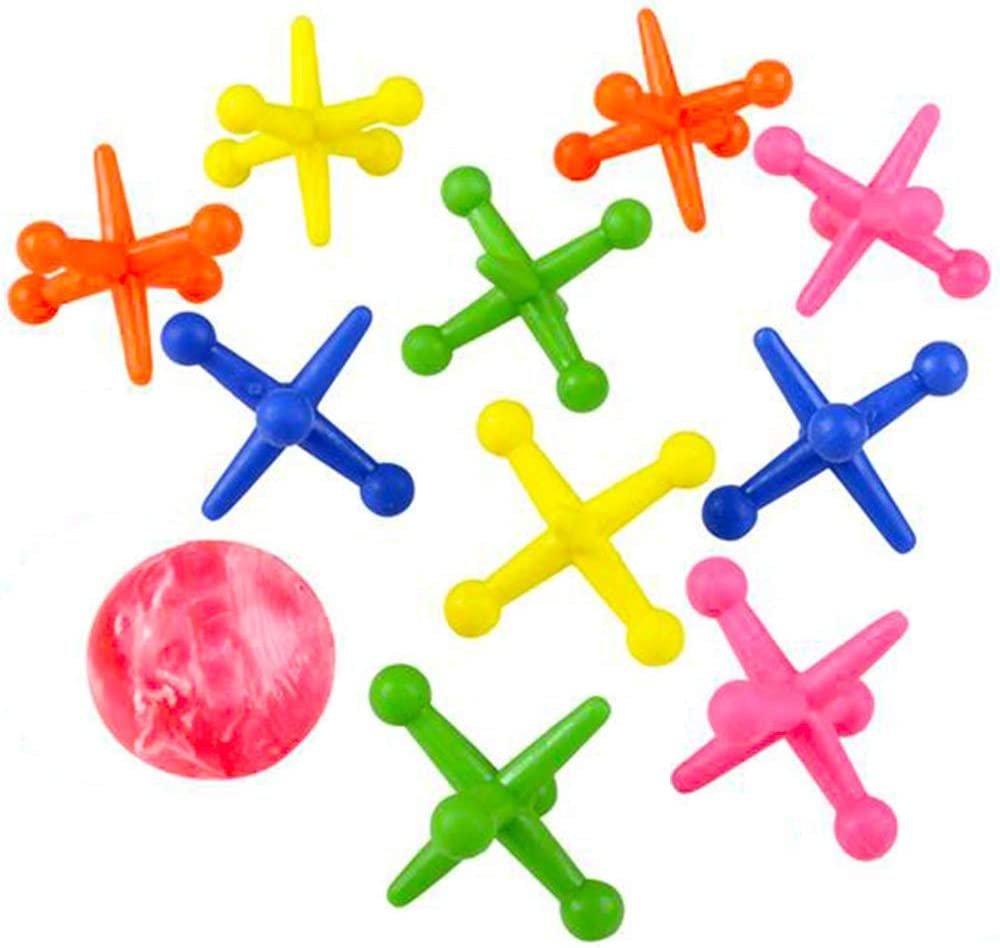 Big Neon Jacks Game, 6 Sets, Each Set with 10 Plastic Jacks and 1 Marbleized Rubber Ball, Vintage Toys, Fun Activity for Kids, Birthday Party Favors for Boys and Girls