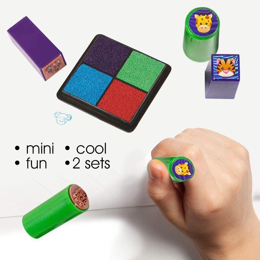 Mini Zoo Animal Stamp Set for Kids, 2 Sets, Each Kit Includes 8 Animal Stampers, Multi-Colored Ink Pad, and Cute Carry Case, Best Gifts and Safari Birthday Party Favors for Boys & Girls