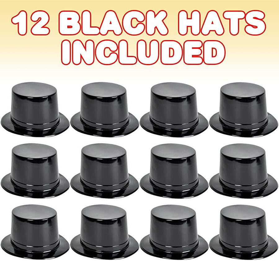 Black Plastic Top Hats for Kids and Adults, Set of 12, Fun Halloween Costume Accessories, Magic Birthday Party Favors, Snowman Hats, Unique Arts and Crafts Supplies for Children