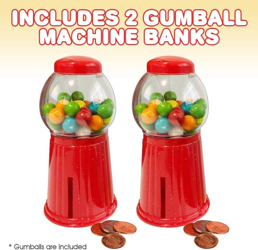 Gumball Machine Bank for Kids, Set of 2, 5.25" Desktop Bubble Gum Mini Candy Dispenser, Unique Money Saving Coin Bank, Great Gift or Vintage Office Desk Decoration- Gumballs Included