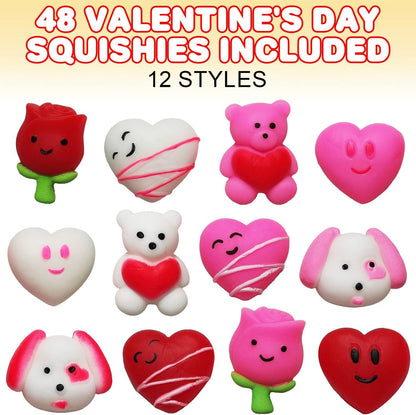 ArtCreativity Mini Valentines Day Squishy Toys, Set of 48, Valentines Gifts for Kids in 12 Cute Designs, Stress Relief Toys for Kids and Adults, Valentines Party Favors and Goodie Bag Stuffers