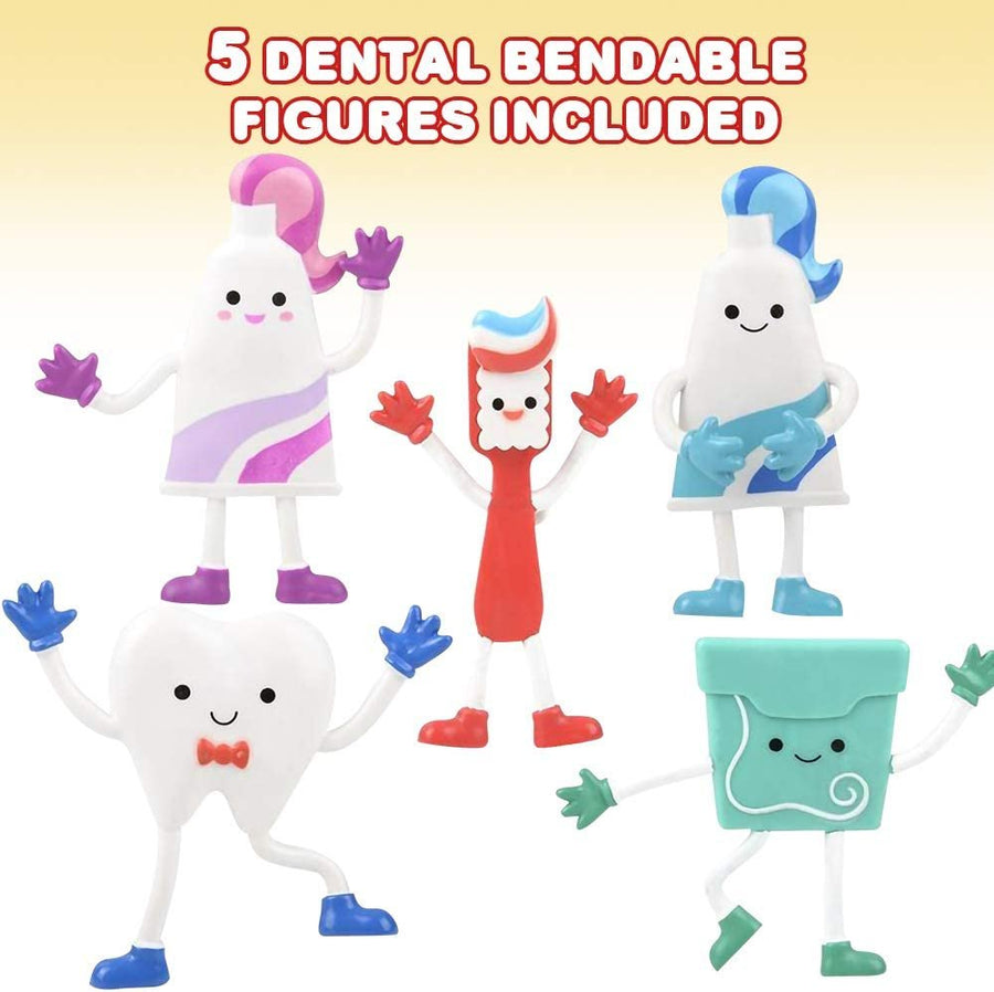 Dental Bendable Assortment, Set of 5 Flexible Figurines, Stress Relief Fidget Toys, Goodie Bag Stuffers, Piñata Fillers, Party Favors for Kids, Dental Toys Giveaways