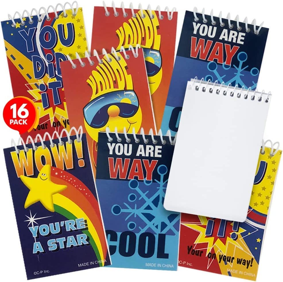 Mini Motivational Student Notebooks, Pack of 16, Small Spiral Notepads with Colorful Covers, Cute Back to School Supplies, Fun Birthday Party Favors, Goodie Bag Fillers for Kids