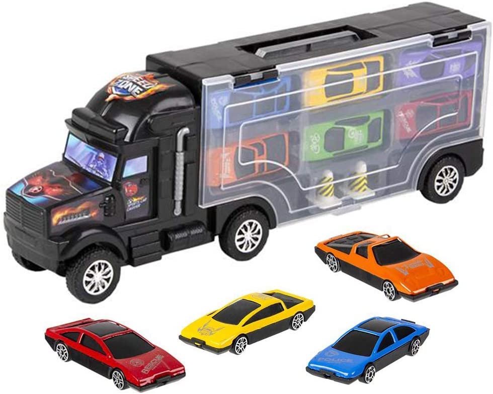 Diecast Car Transporter Playset, Includes 1 Plastic Carrier Truck, 2 Cones, and 6 Small Diecast Cars for Boys and Girls, Fun Interactive Play Set, Best Holiday or Birthday Gift for Kids