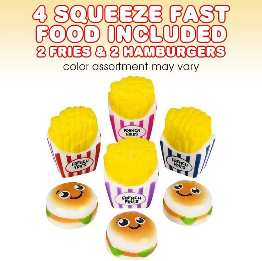 Fast Food Squeeze Toys for Kids, Set of 4, Includes 2 Fries and 2 Burgers, Scented Slow-Rise Stress Toys for Adults, Play Food for Children, Themed Party Favors for Boys and Girls