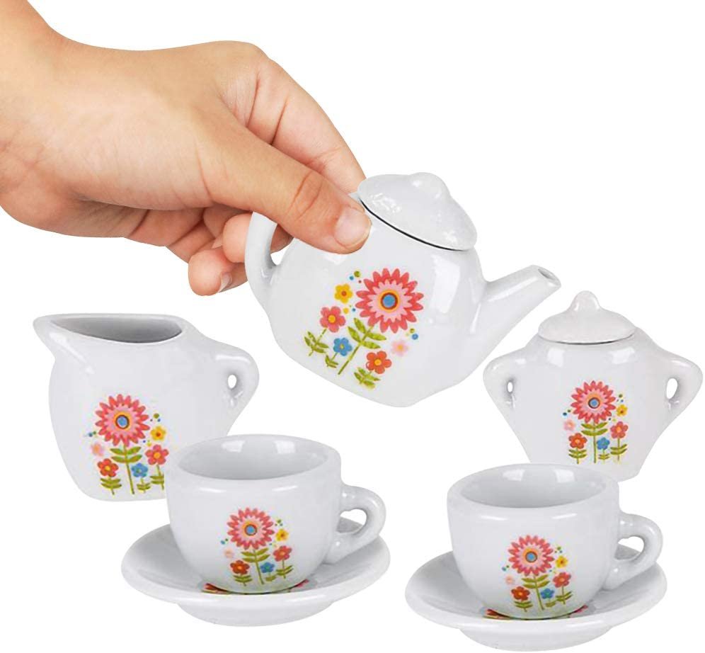 ArtCreativity Mini Porcelain Tea Set for Kids - Ceramic Pretend Play Set - Miniature Saucers, Cups, Teapot, Sugar and Cream Dispenser - Best Holiday, Birthday Gift for Boys and Girls Ages 8+