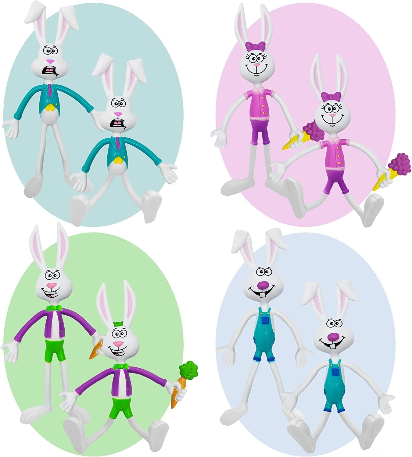 Easter Bunny Bendable Figurines, Set of 8, Fidget Easter Toys with 4 Colorful Designs, Great as Easter Egg Fillers, Egg Hunt Supplies, Easter Basket Toys, and Stress Relief Fidgets